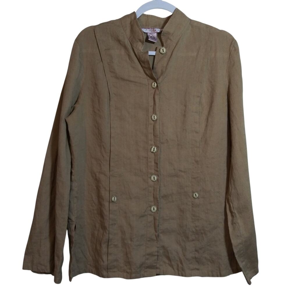 2 Friends Neutral Linen Women's Tan Button-Up Top Size 14